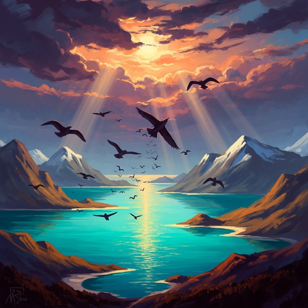 Birds Over Turquoise Sea in Romantic Style