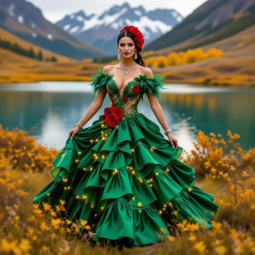 Performer in Autumn Lake Amidst Golden Meadows