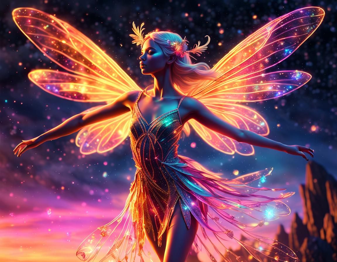 Neon Crystal Fairy in Cosmic Sunset, Concept Art