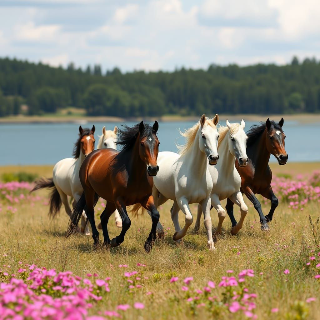 Silla Argentino Horses Galloping in Meadow