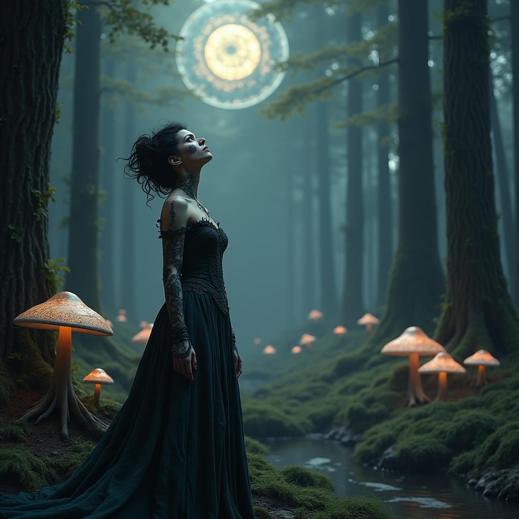 Mystical Woman in Moonlit Forest: Black and White Art