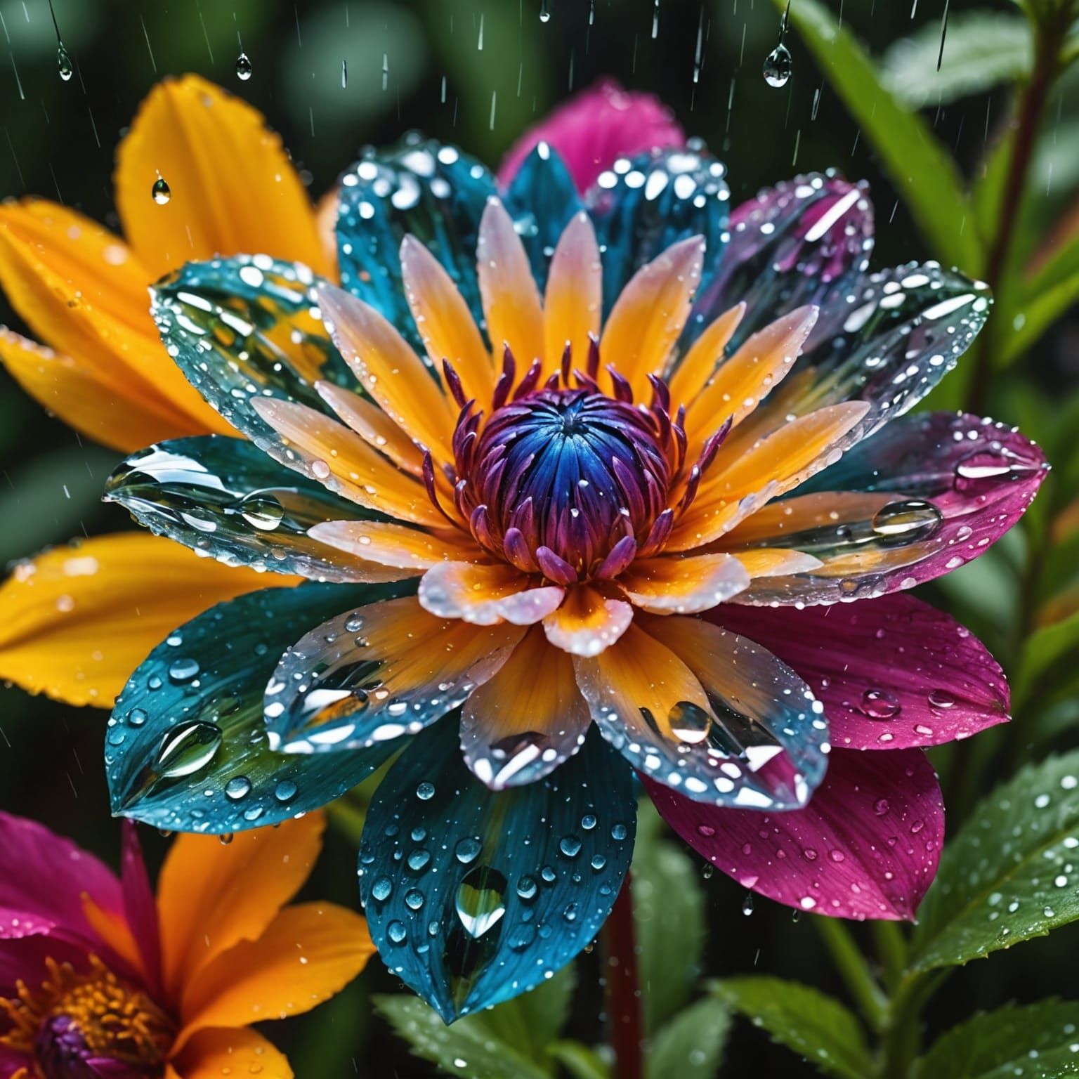 Raindrops on a Crystal Flower: Hyperrealistic Close-Up