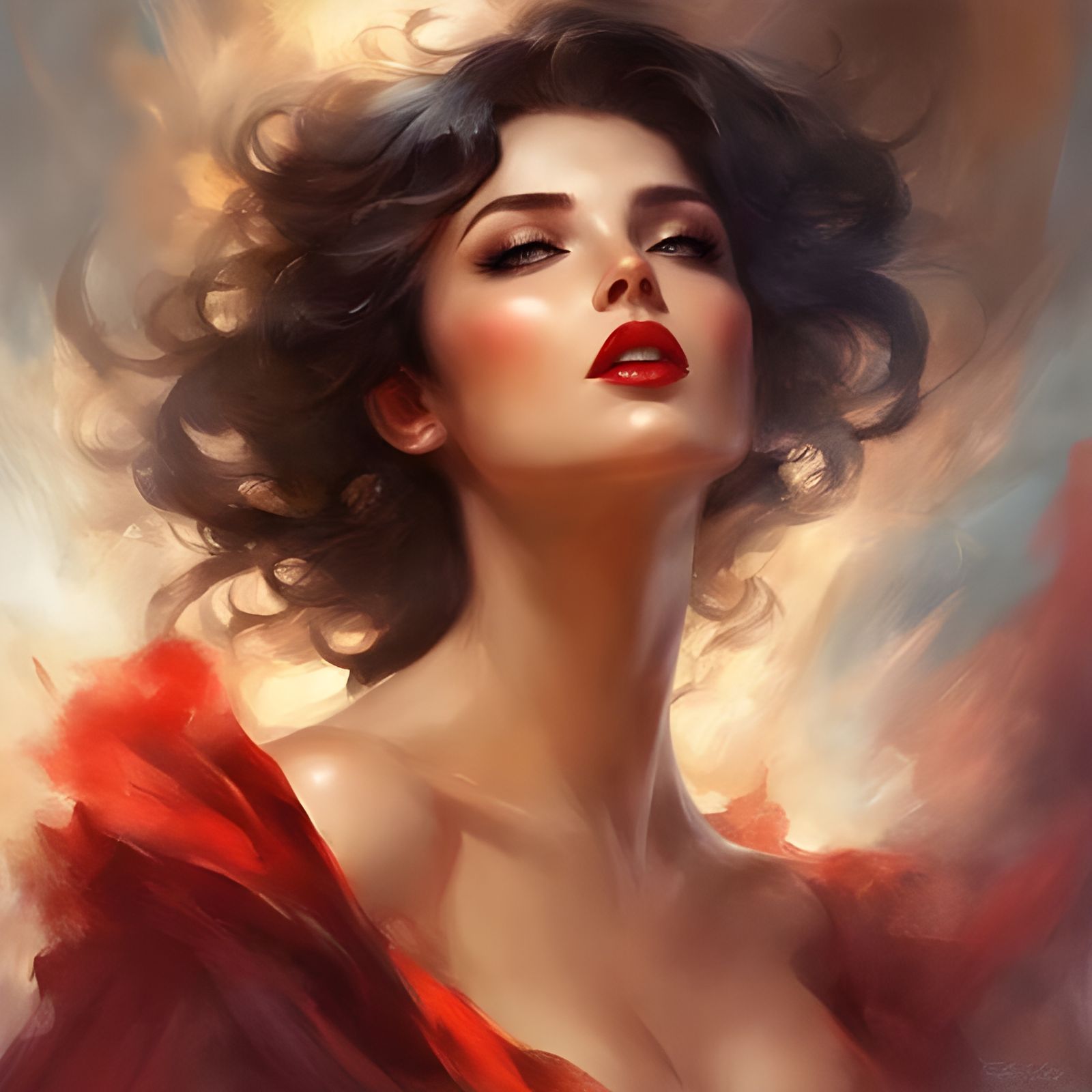 Pretty French Woman with Red Lips, Alluring Portrait