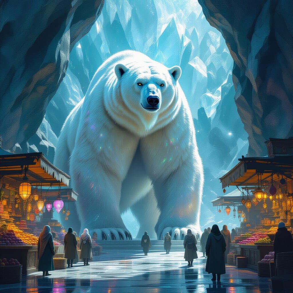 Giant Luminous Polar Bear Guards Alien Crystal Market