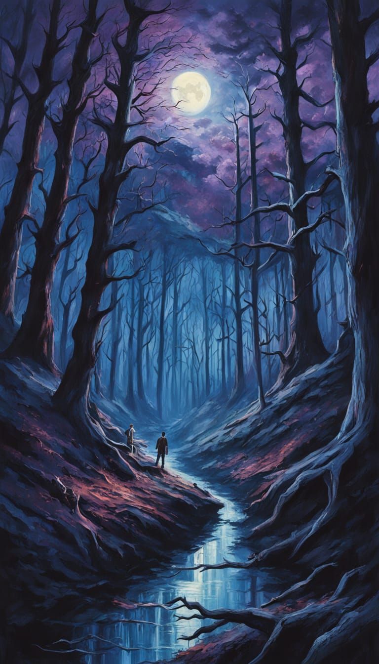Ethereal Figure in Moonlit Forest: A Surreal Oil Painting