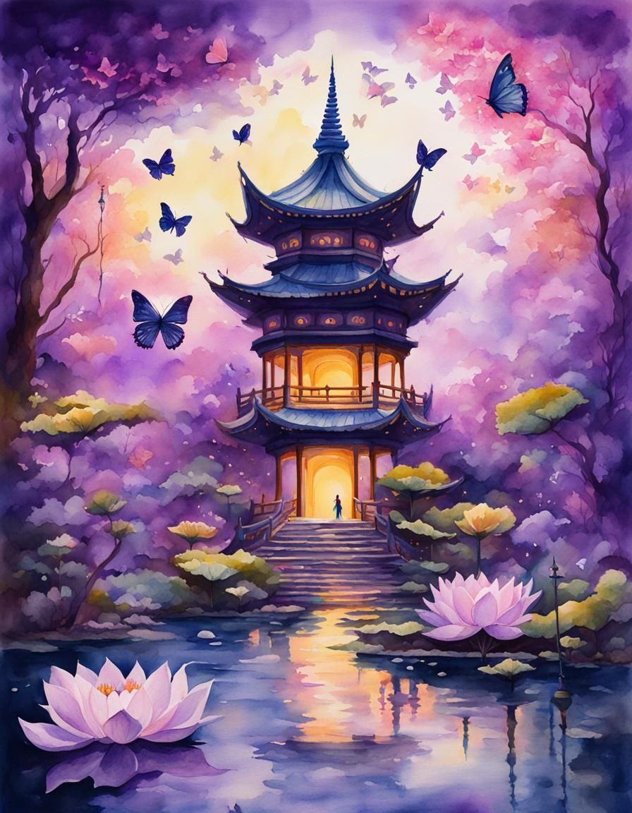 Watercolor Pagoda Splash Art with Lake and Butterflies