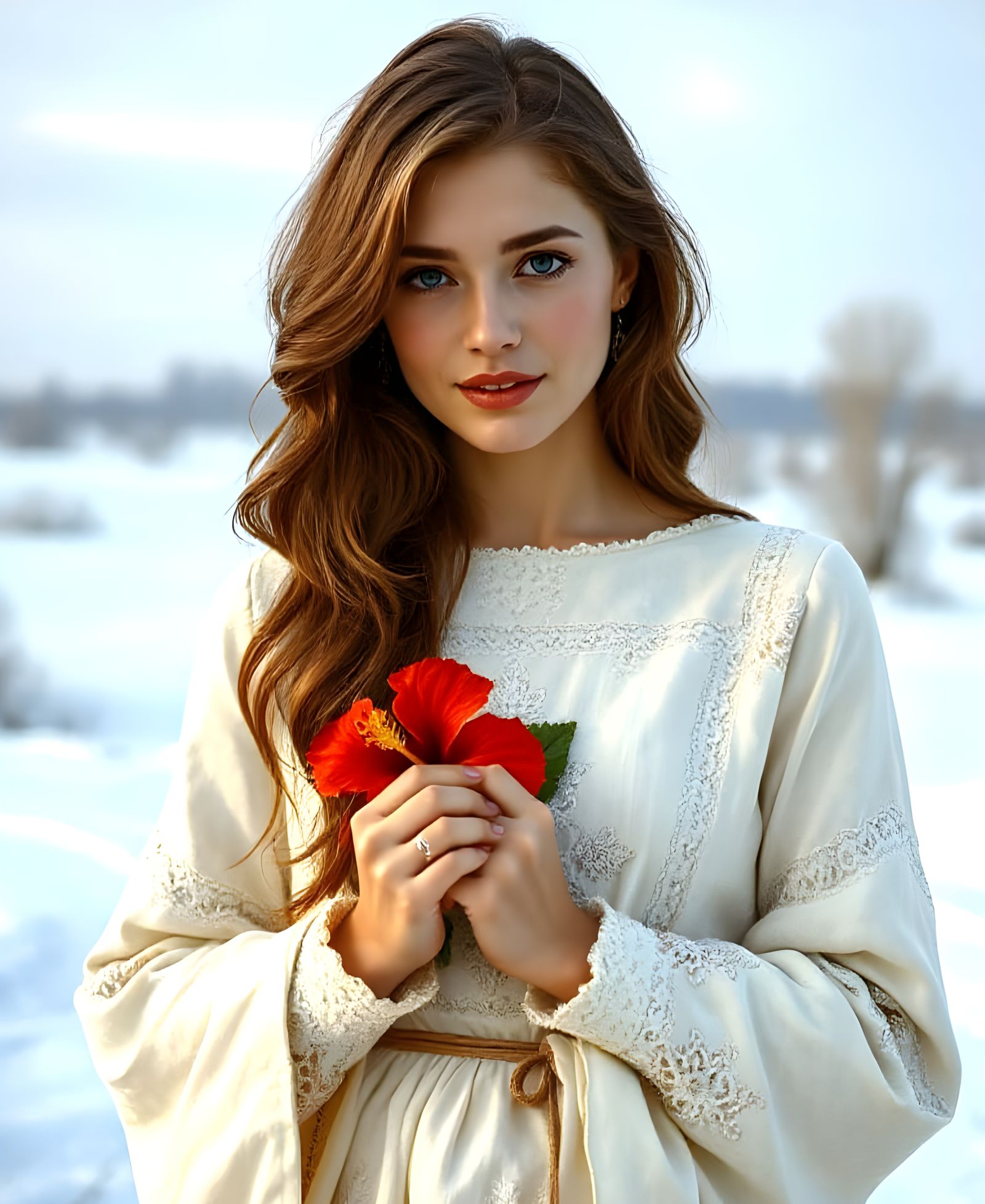 Winter Portrait: Woman with Hibiscus Flower
