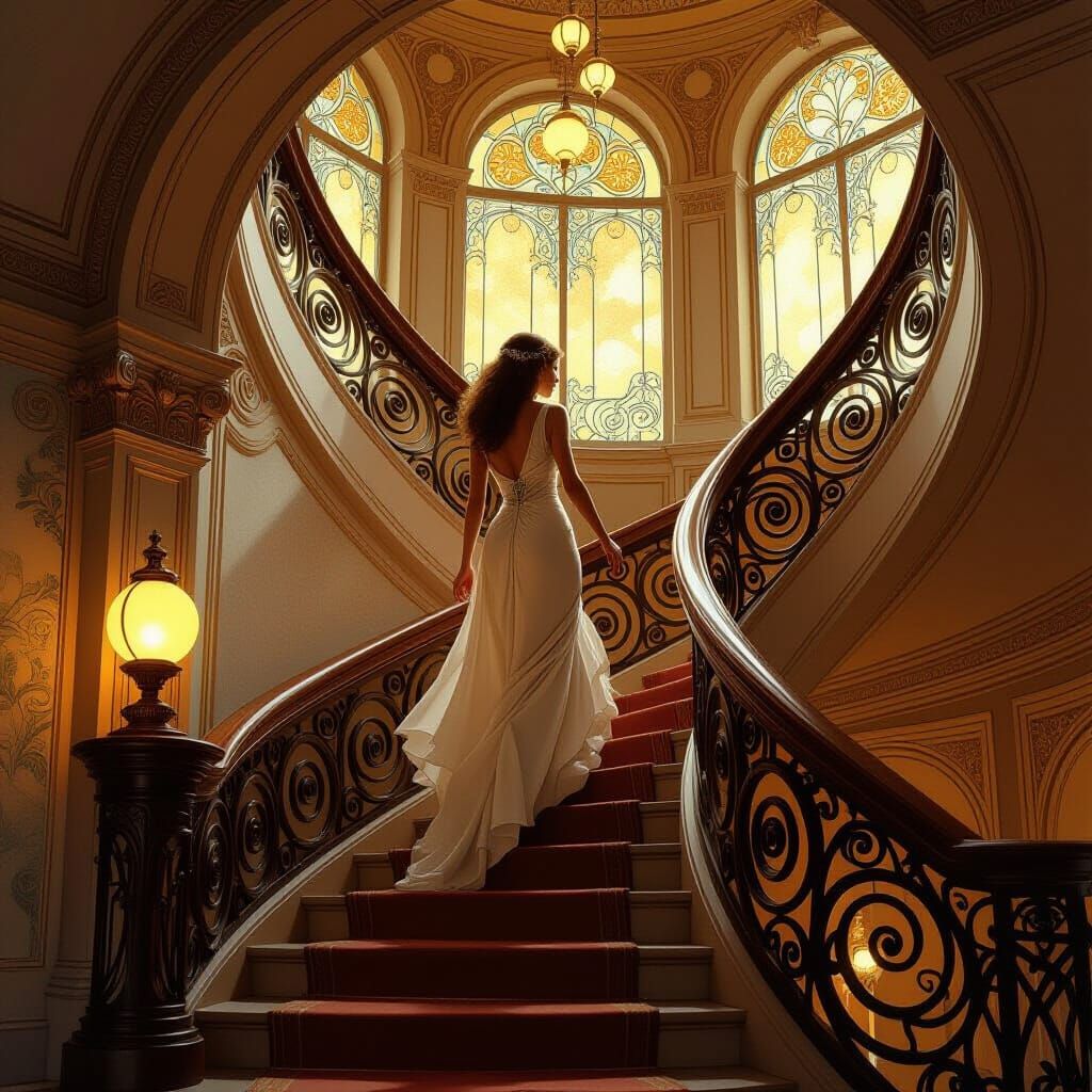 Woman Ascending Staircase in Art Nouveau Style