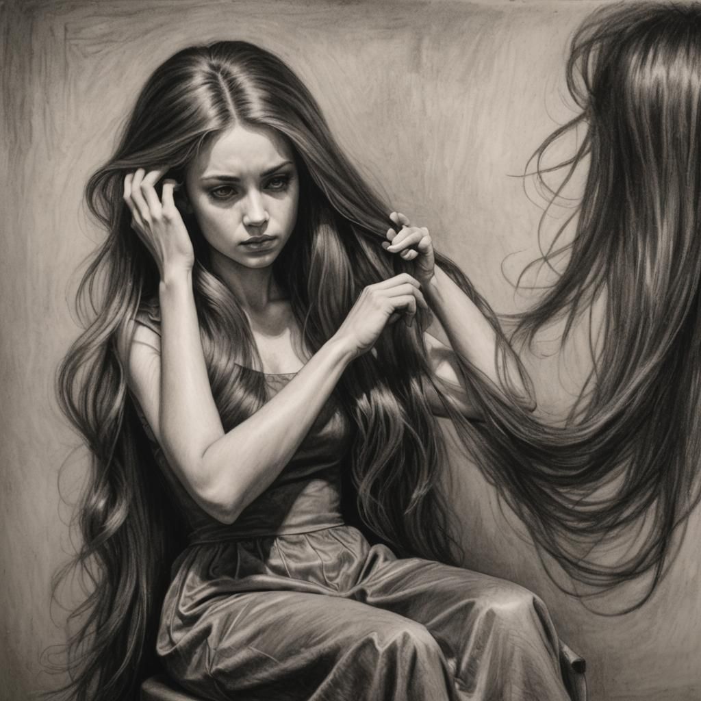 Trichophobia: Princess Brushing Hair in Charcoal Drawing