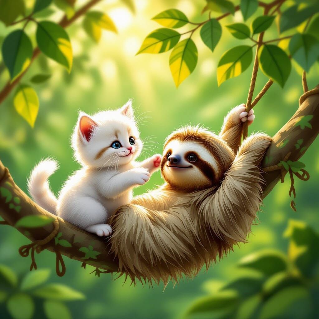 Fluffy Kitten Pounces on Content Sloth in Golden Sunlight