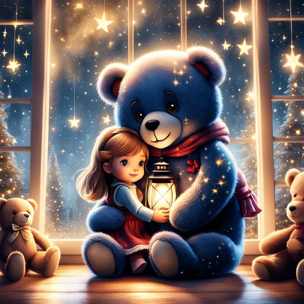Girl with Teddy Bear in Starry Room