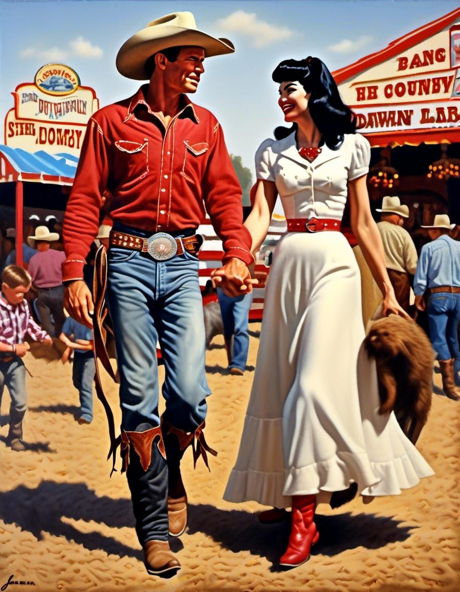 Cowboy and Bettie Page at County Fair, Photorealism Art