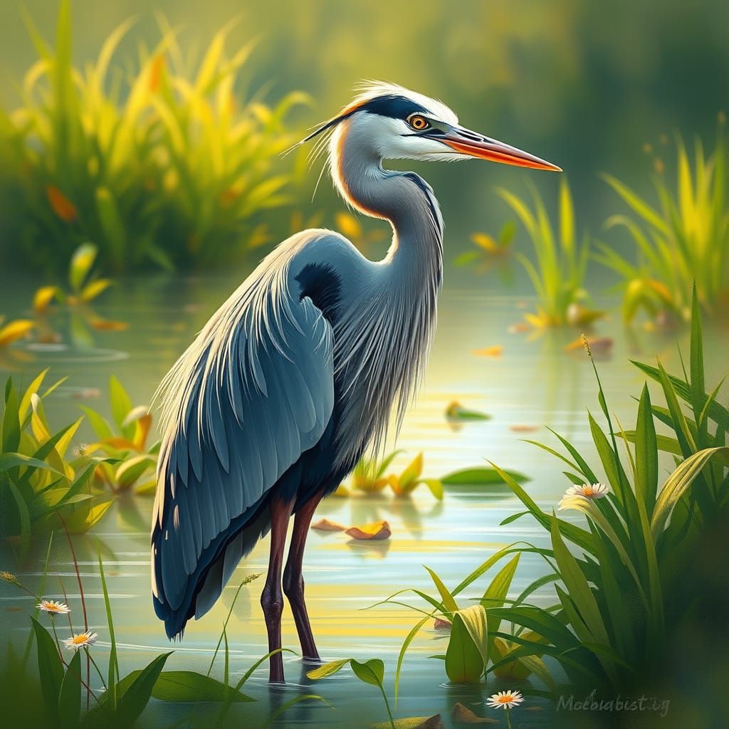 Majestic Heron in Wetland, Ethereal Art Style