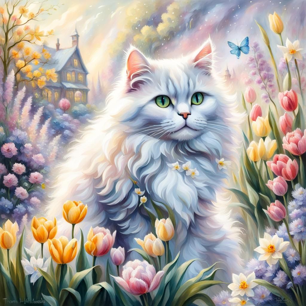 Fluffy Cat with Spring Flowers in Pastel Colors