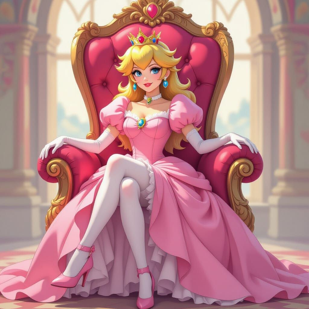 Princess Peach on Ornate Throne in Disney Style