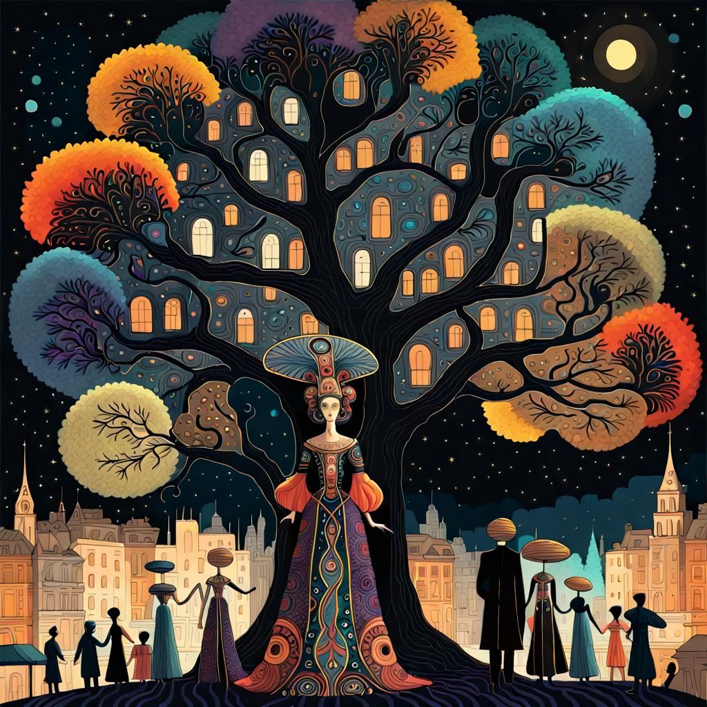 Stylized City Tree Drawing in Art Nouveau Style