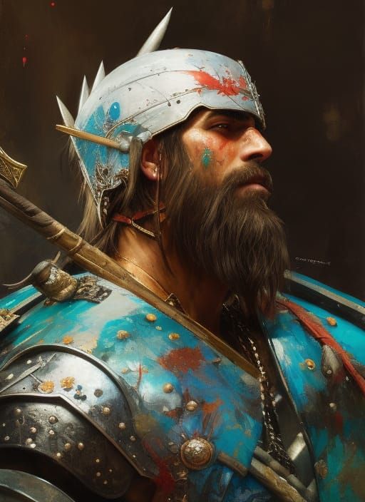 Armored Cartoon Barbarian Portrait in Oil