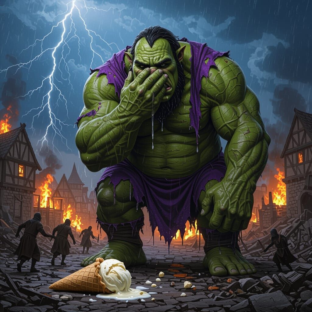 Sobbing Ogre Reaches for Fallen Ice Cream Amidst Village Rui...