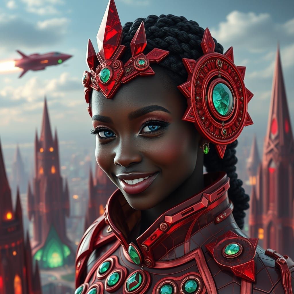 Futuristic Red Crystal City with Woman in Crystal Uniform