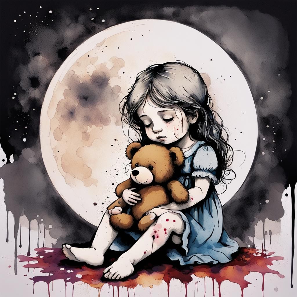 sad and crying little maiden cuddling her teddy bear