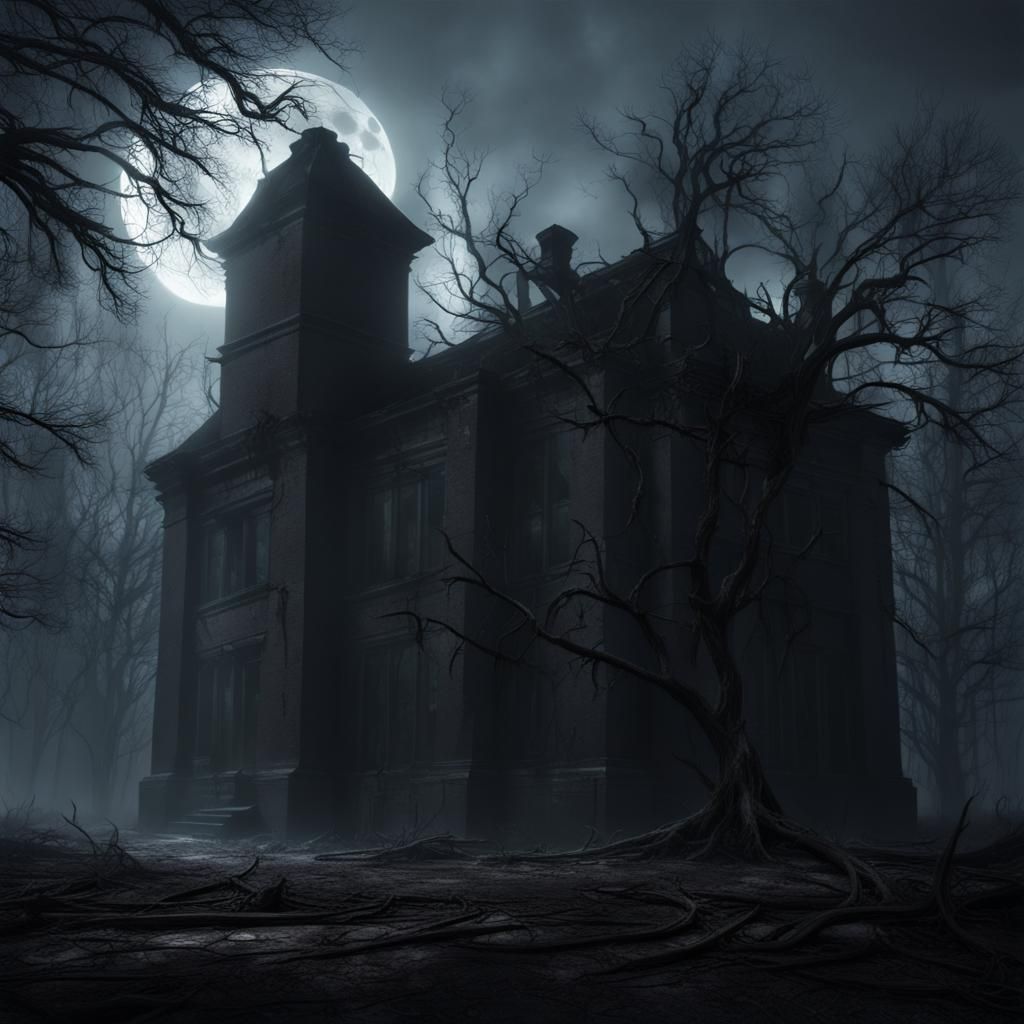 Desolate Asylum in Fog, Dark Fantasy Concept Art