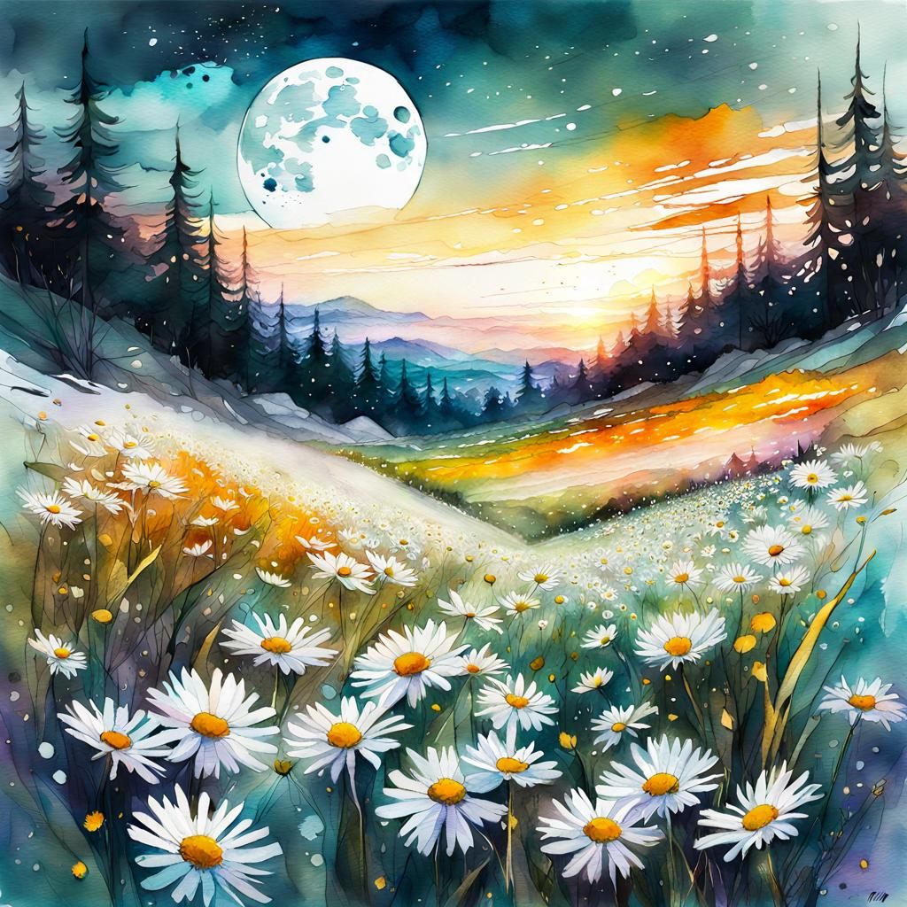 Dreamlike Daisy Field at Night in Watercolor