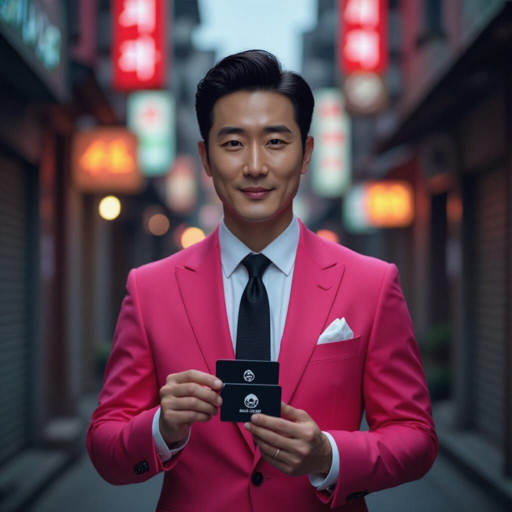 Sleek Squid Game Recruiter in Pink Suit: Cinematic Portrait
