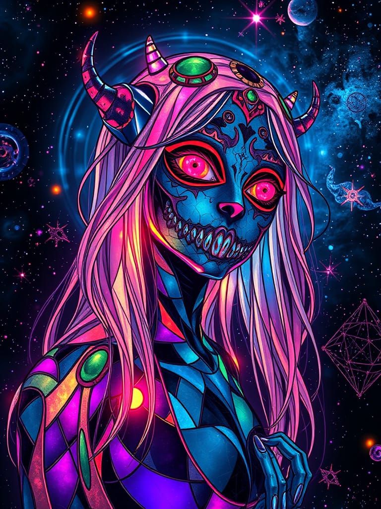 Iridescent Stained Glass Monster Girl in Cosmic Space