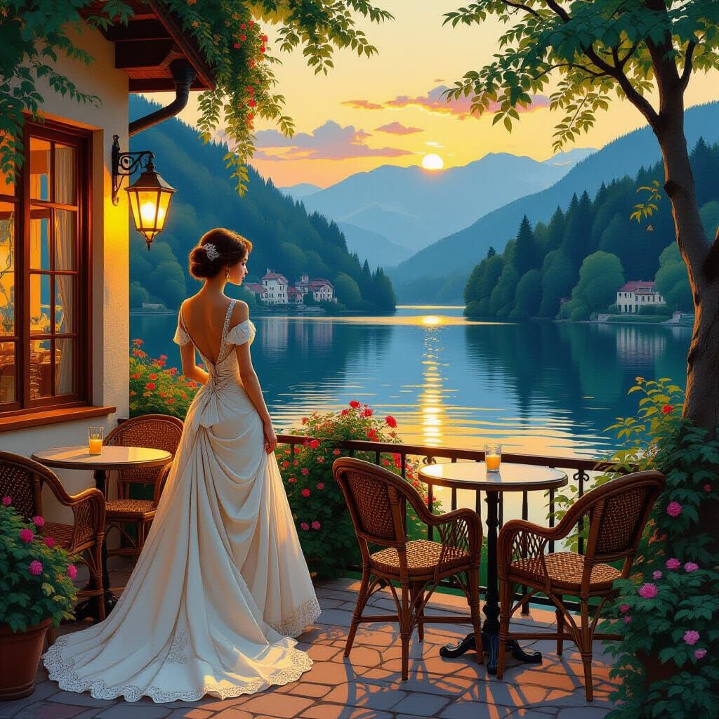 Elegant Woman by Night Cafe in Quaint Village