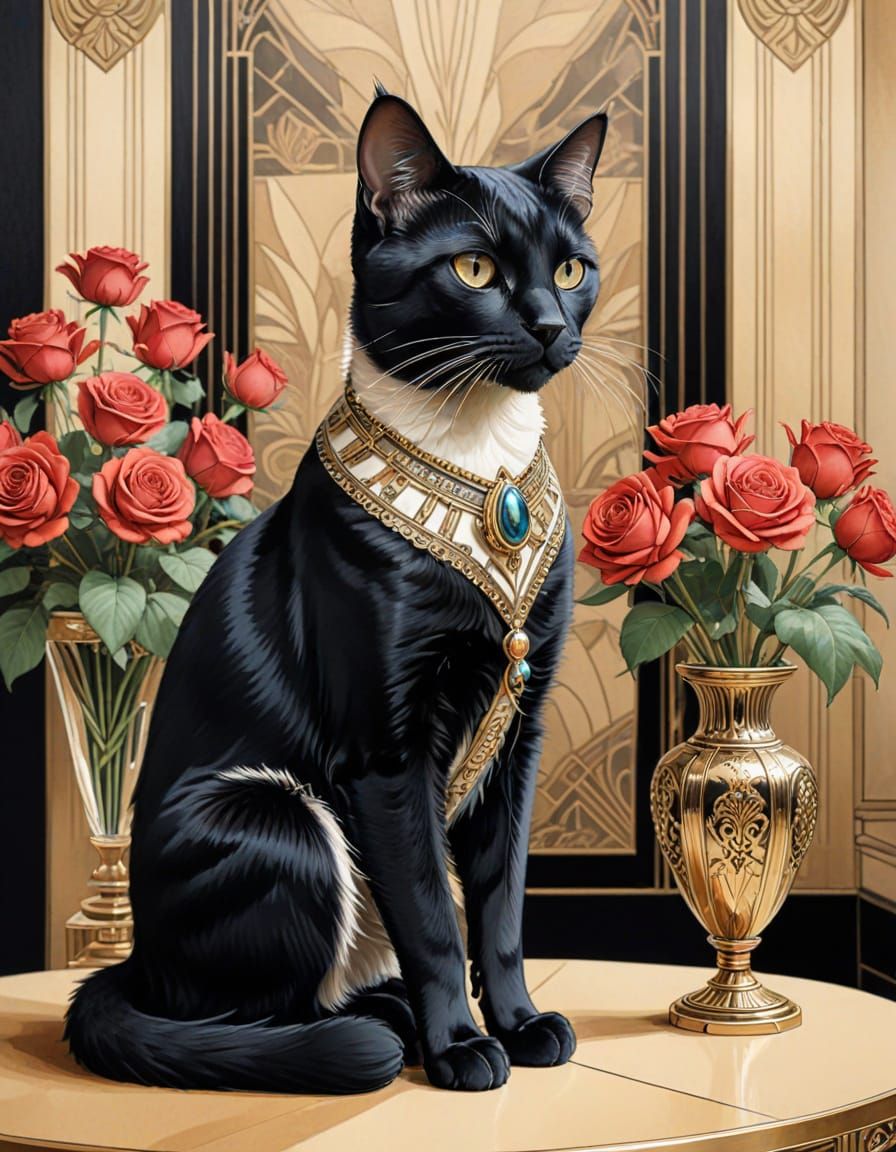 Elegant Art Deco Cat Amidst Roses and Vase