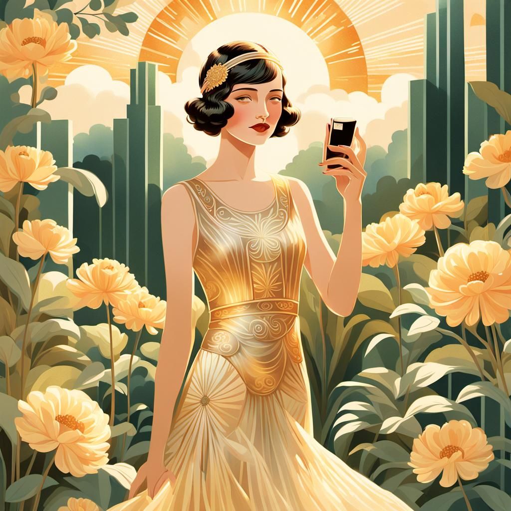 Art Deco Flapper Girl with Vintage iPhone