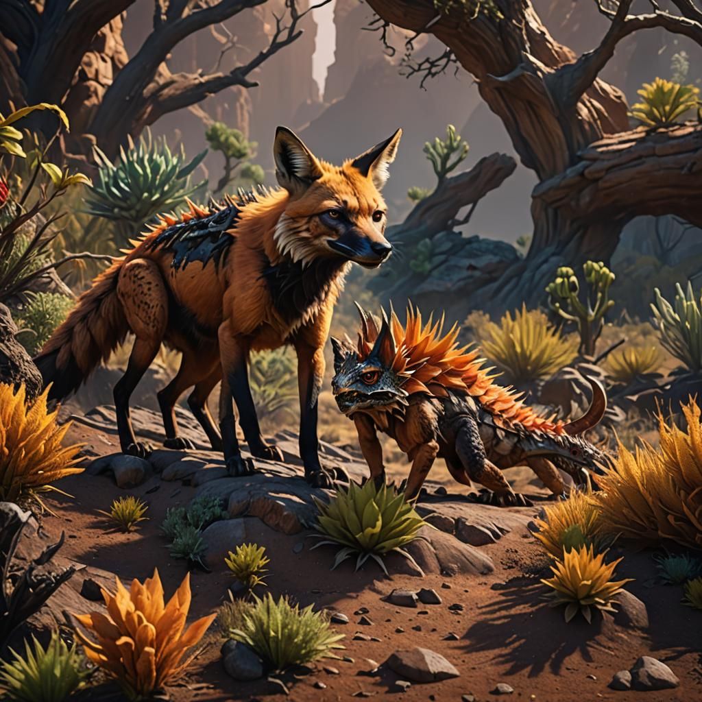Maned Wolf and Horned Lizard Hybrid in Fantasy Art