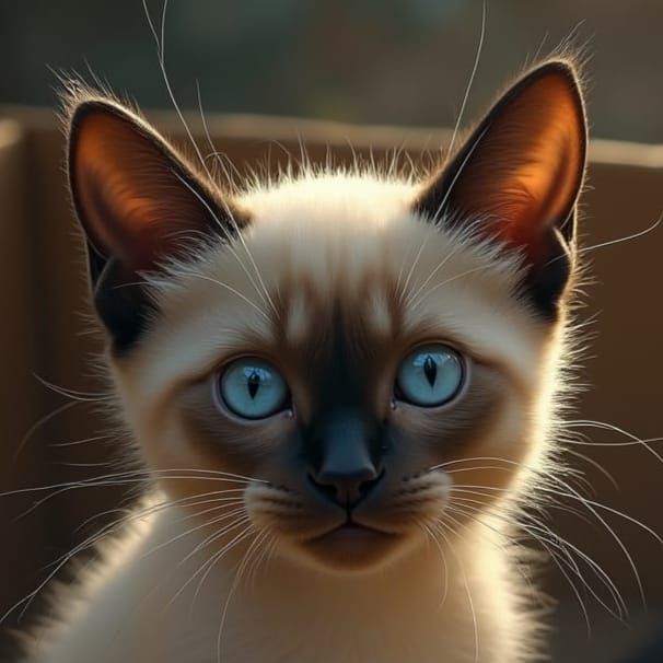 ragged Siamese cat  sits in a box