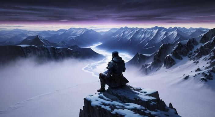 Lone Warrior on Snowy Mountain Cliff