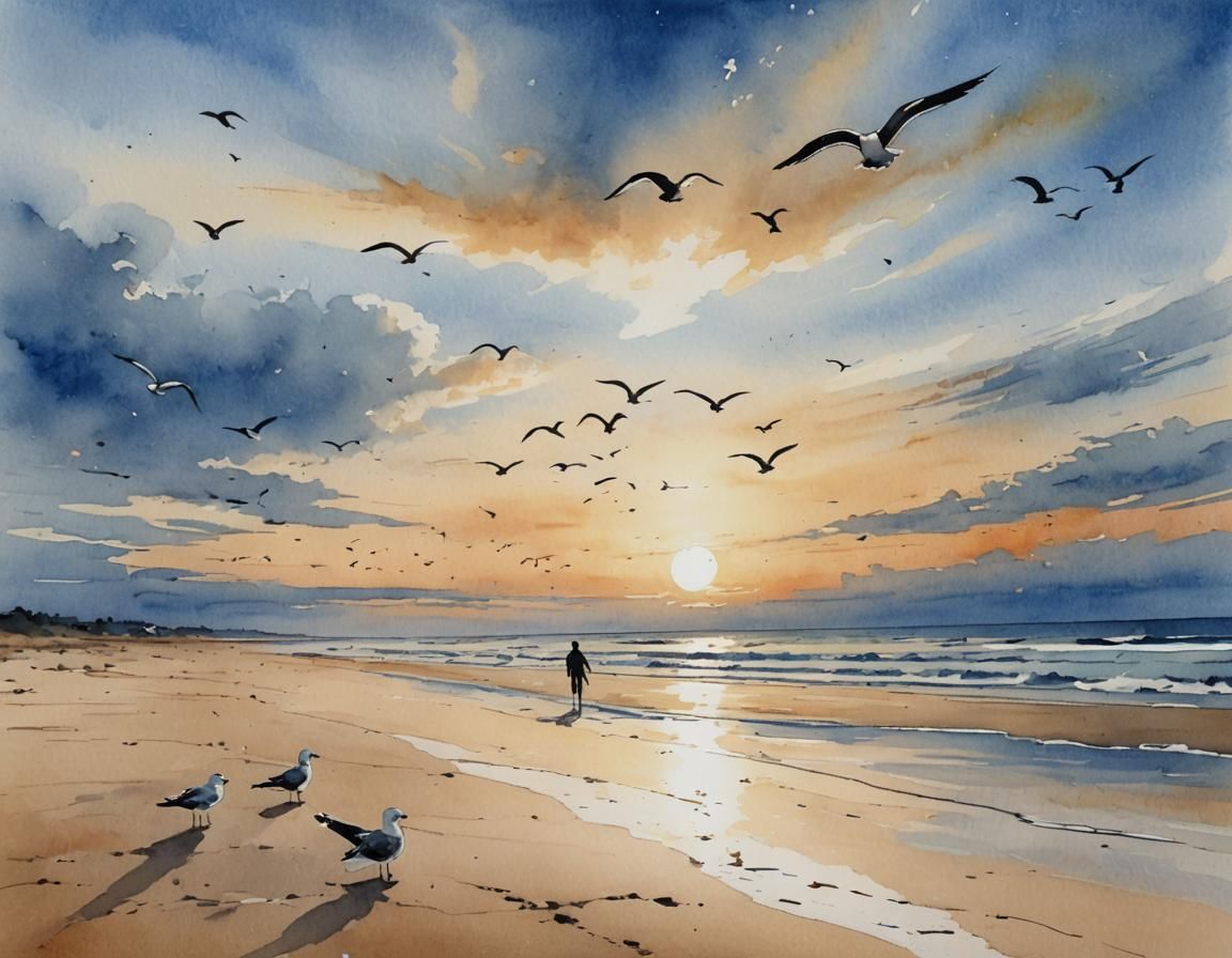 Beach at Dawn: Watercolor and Ink Impressionism