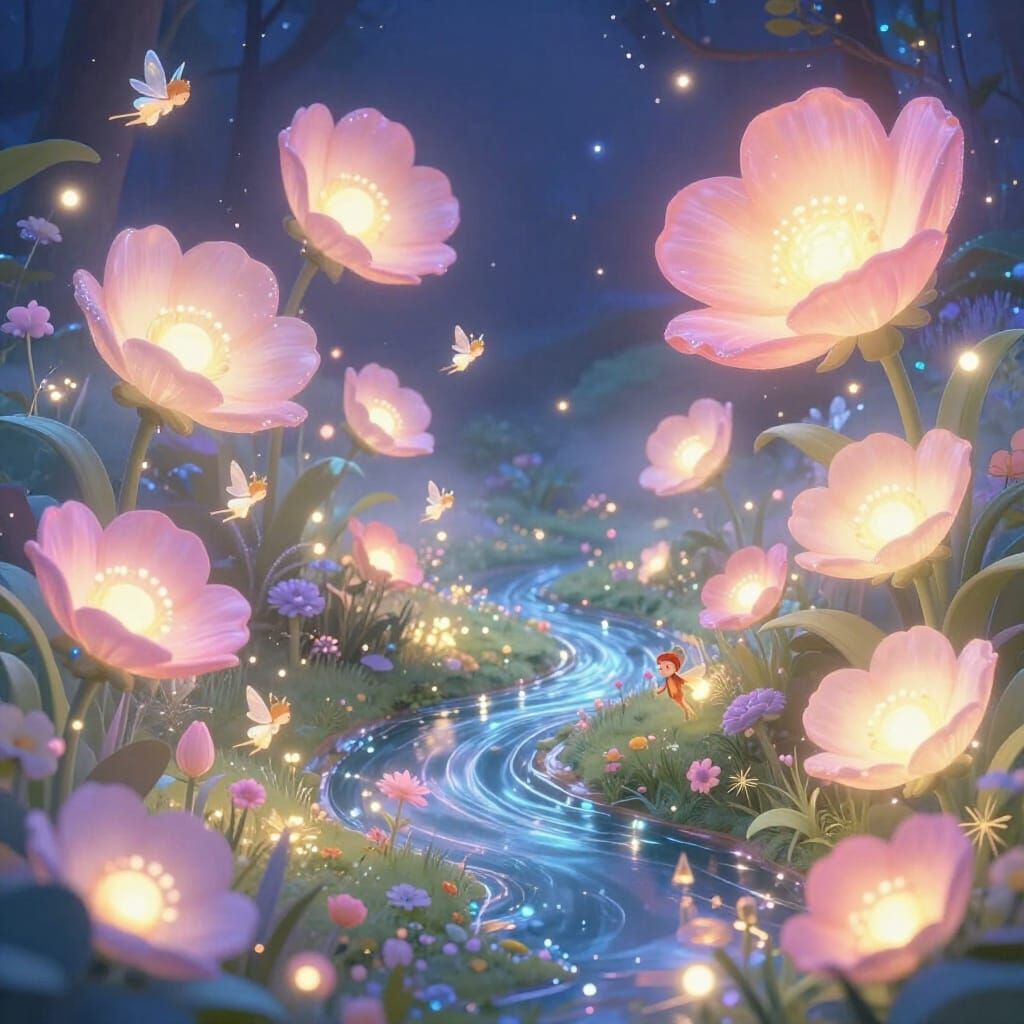 Enchanted Garden with Neon Flowers and Fairies