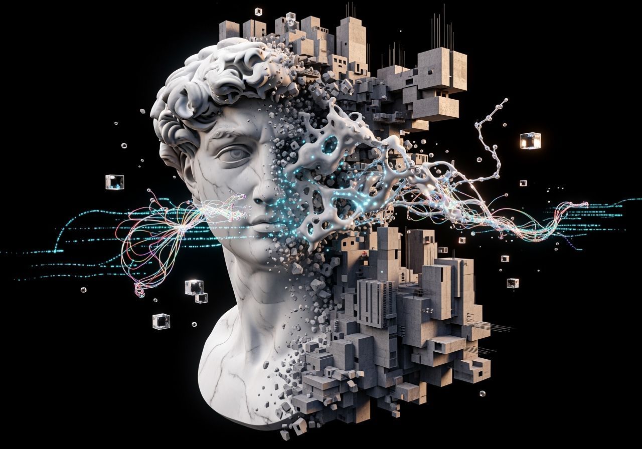 Marble Bust Melts Into Brutalist City