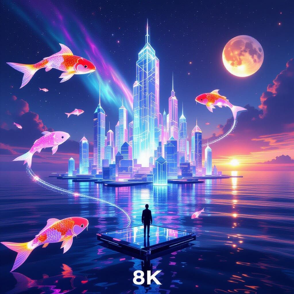 Futuristic Crystal City in Cosmic Ocean, Bioluminescent Glow