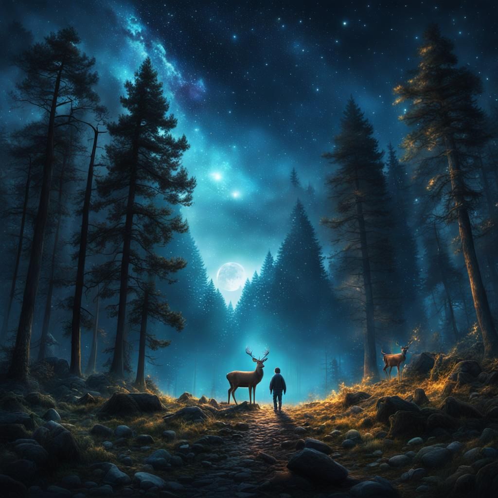 Child and Deer Under a Night Sky
