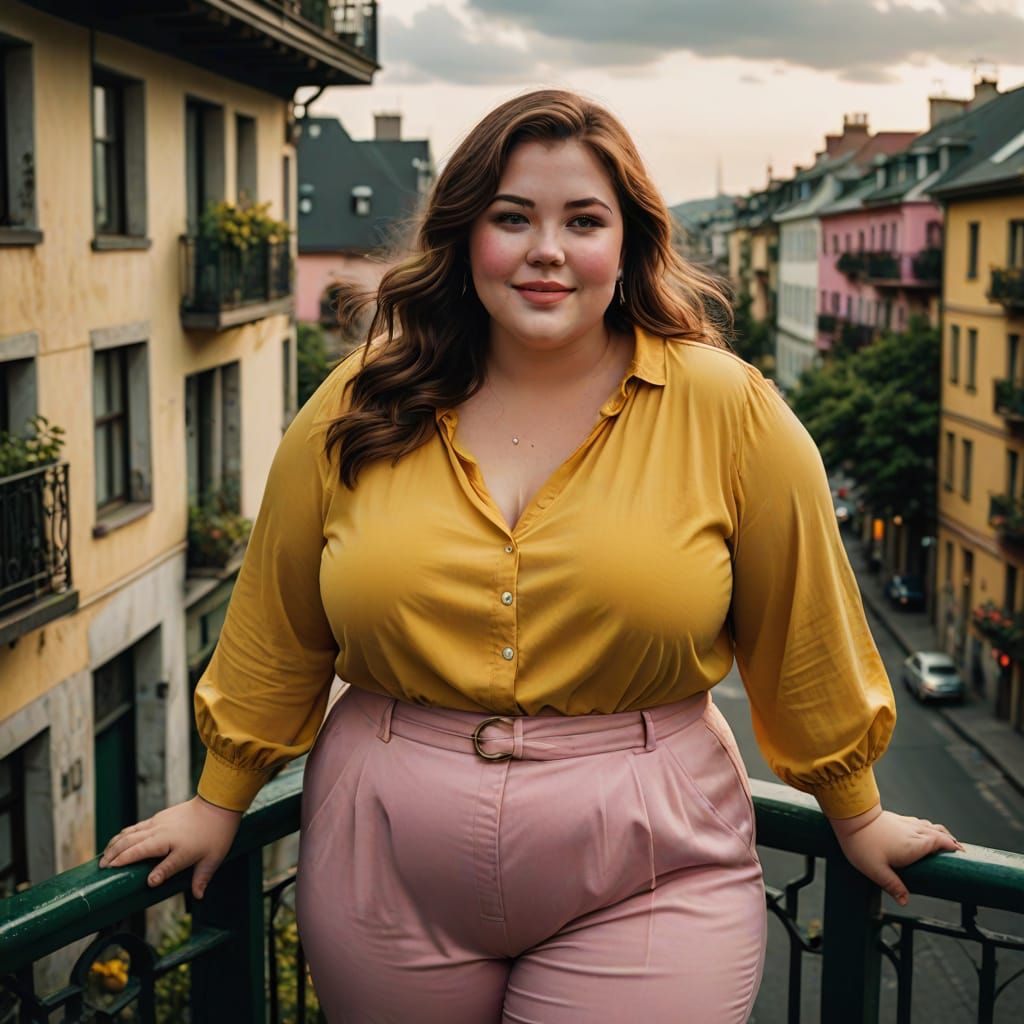 Curvy Woman on a Balcony in Hyperrealistic Style