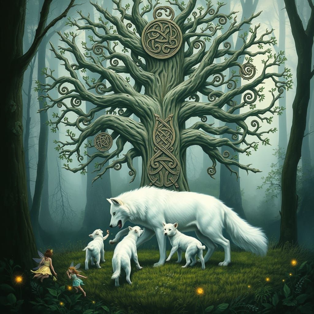 Mother Wolf and Cubs Play Beneath the Celtic Tree of Life