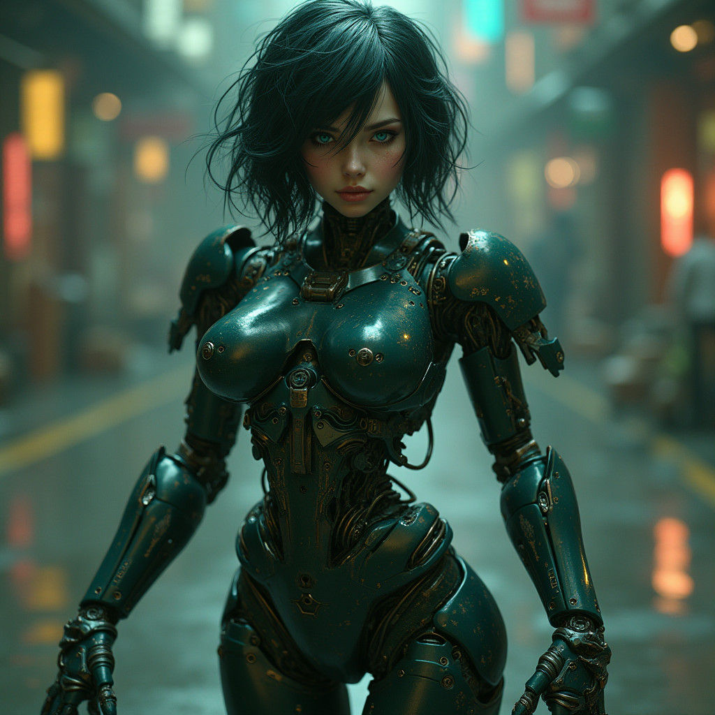 Cyborg Girl with Mechanical Limbs and Neon Circuitry