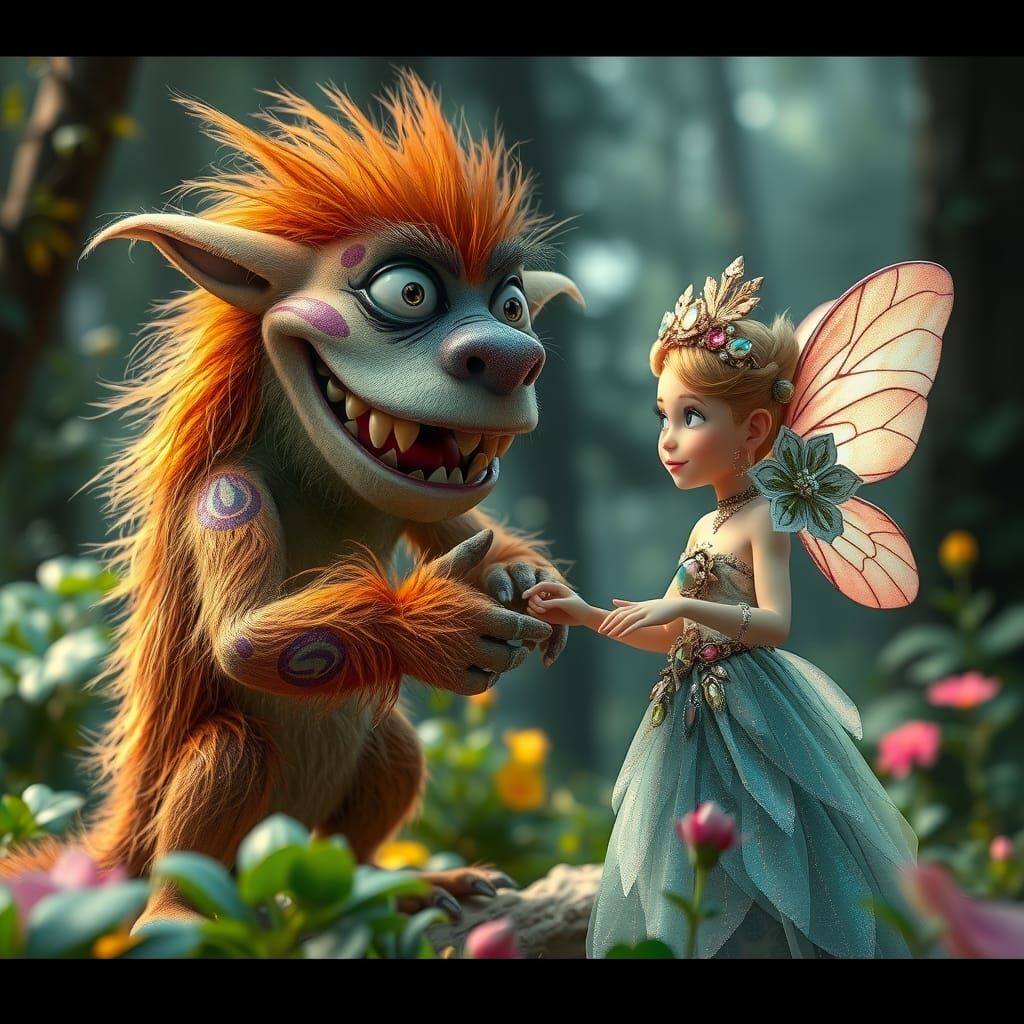 Monster and Fairy Handshake in Watercolor Style