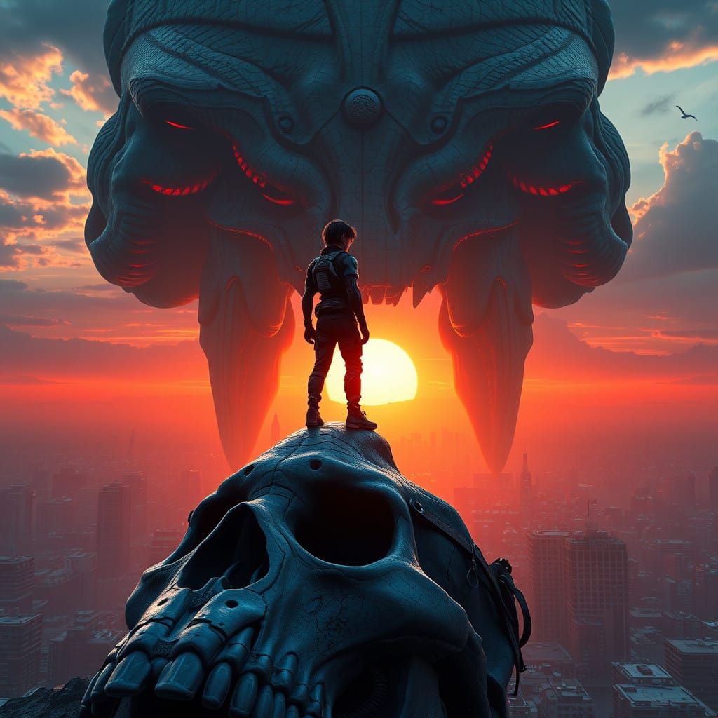 Eren Yeager Dominates a Titan's Skull in a Ravaged Cityscape