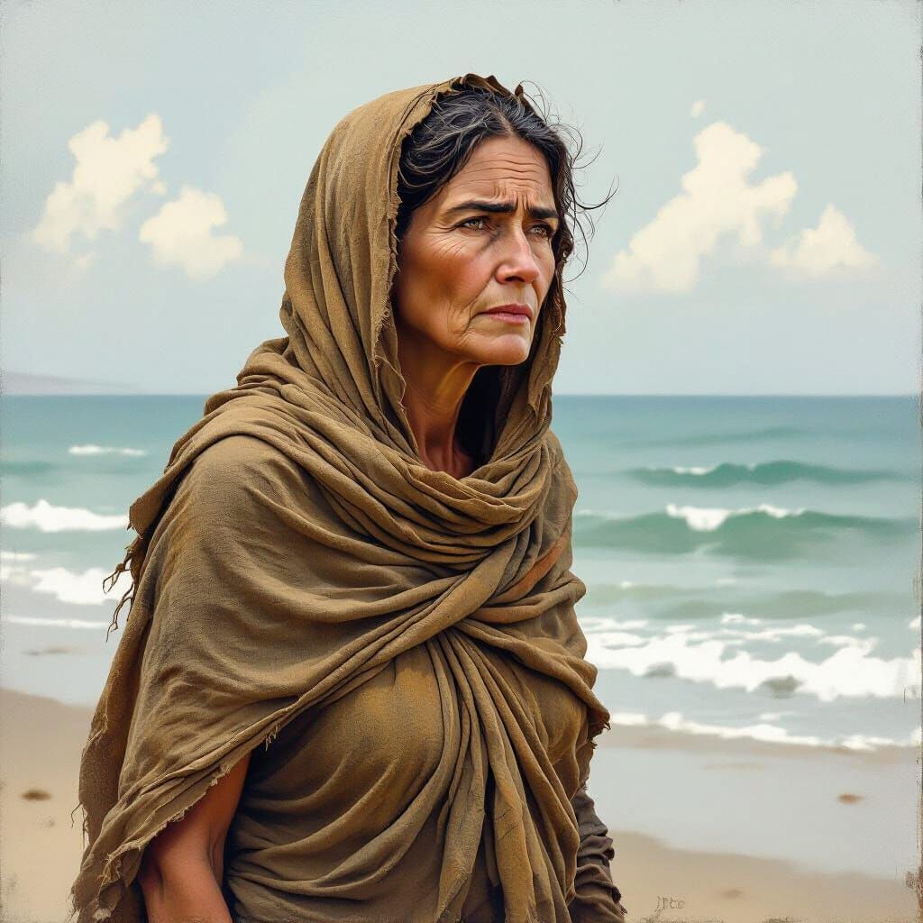 Woman Walking by Ocean in Expressive Figurative Style