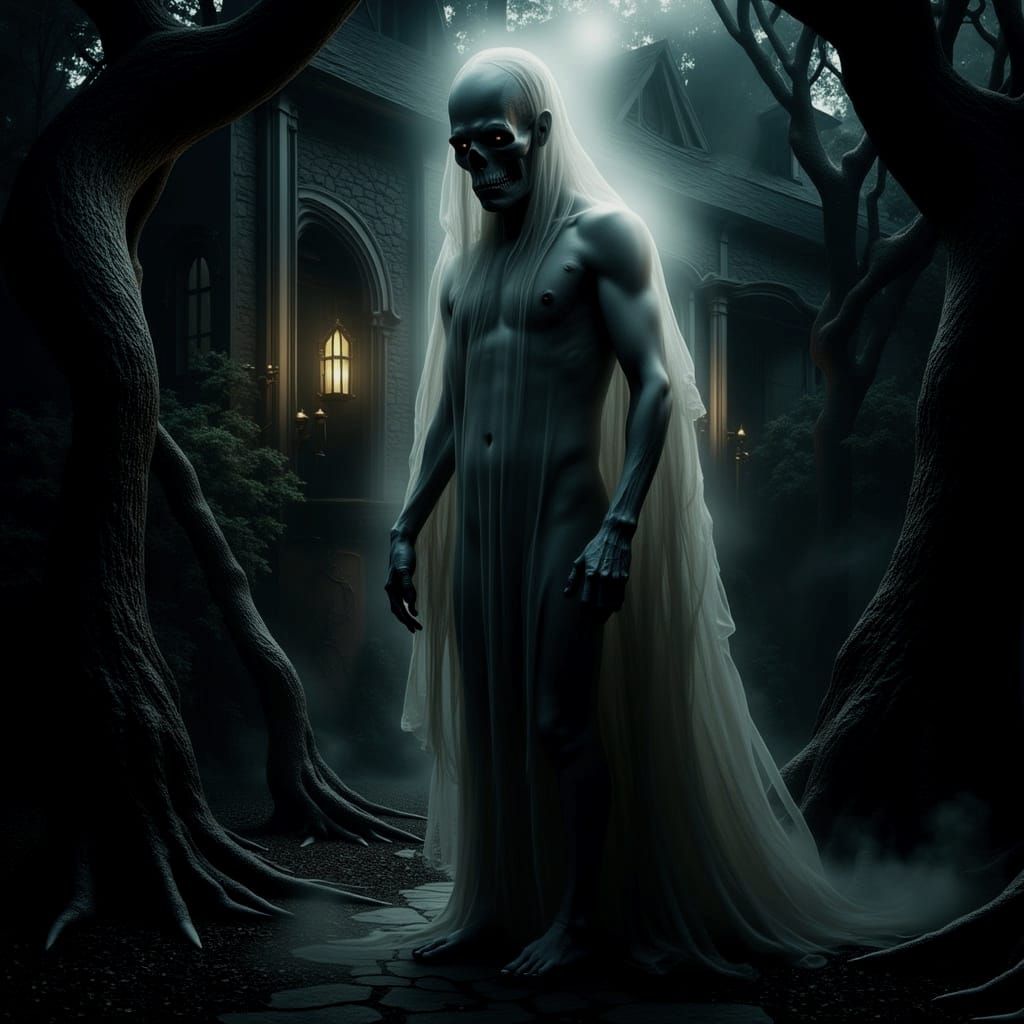 A ghost shadow being epically haunting the entrance to a hom...