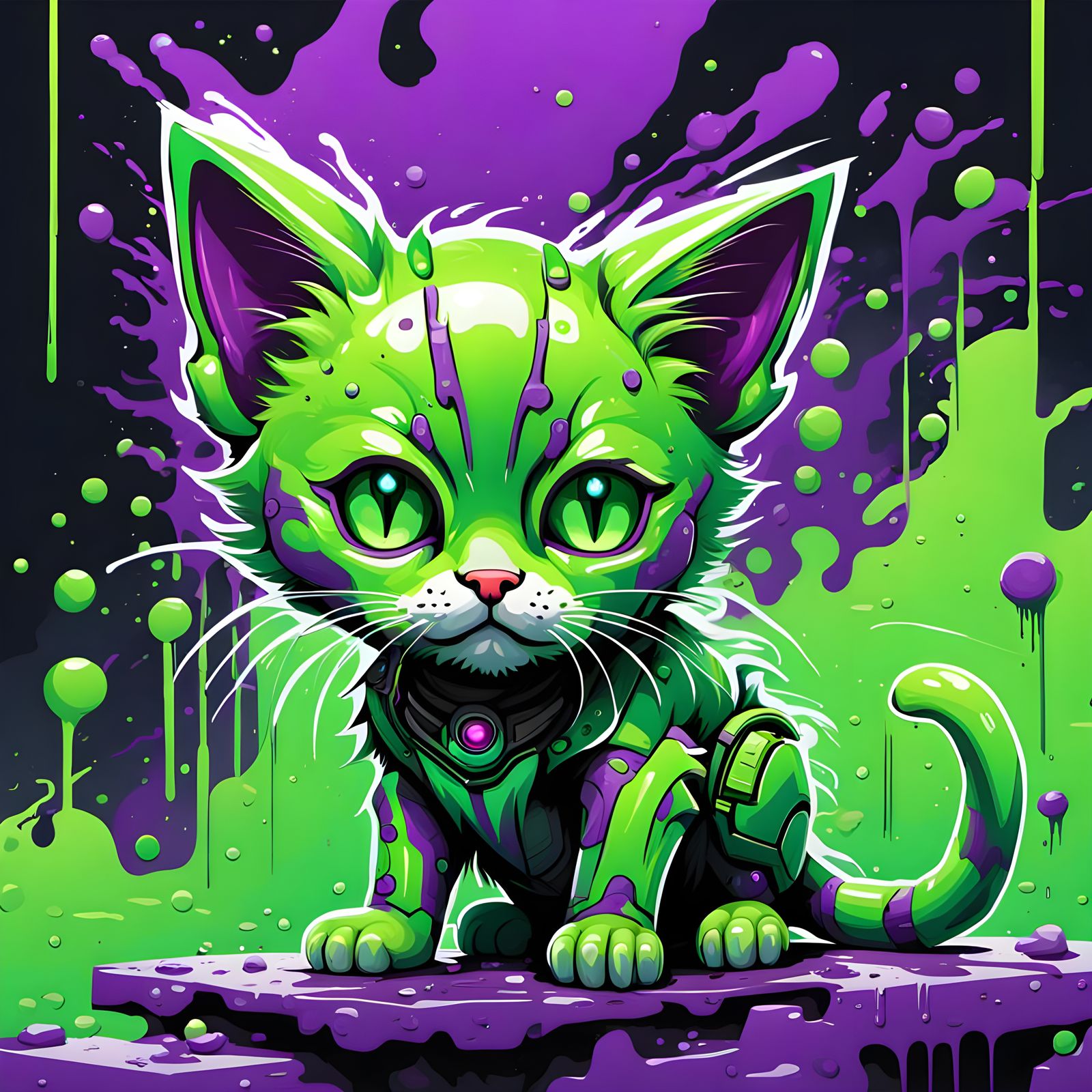 Neon Cyberpunk Kitten in Graffiti Style