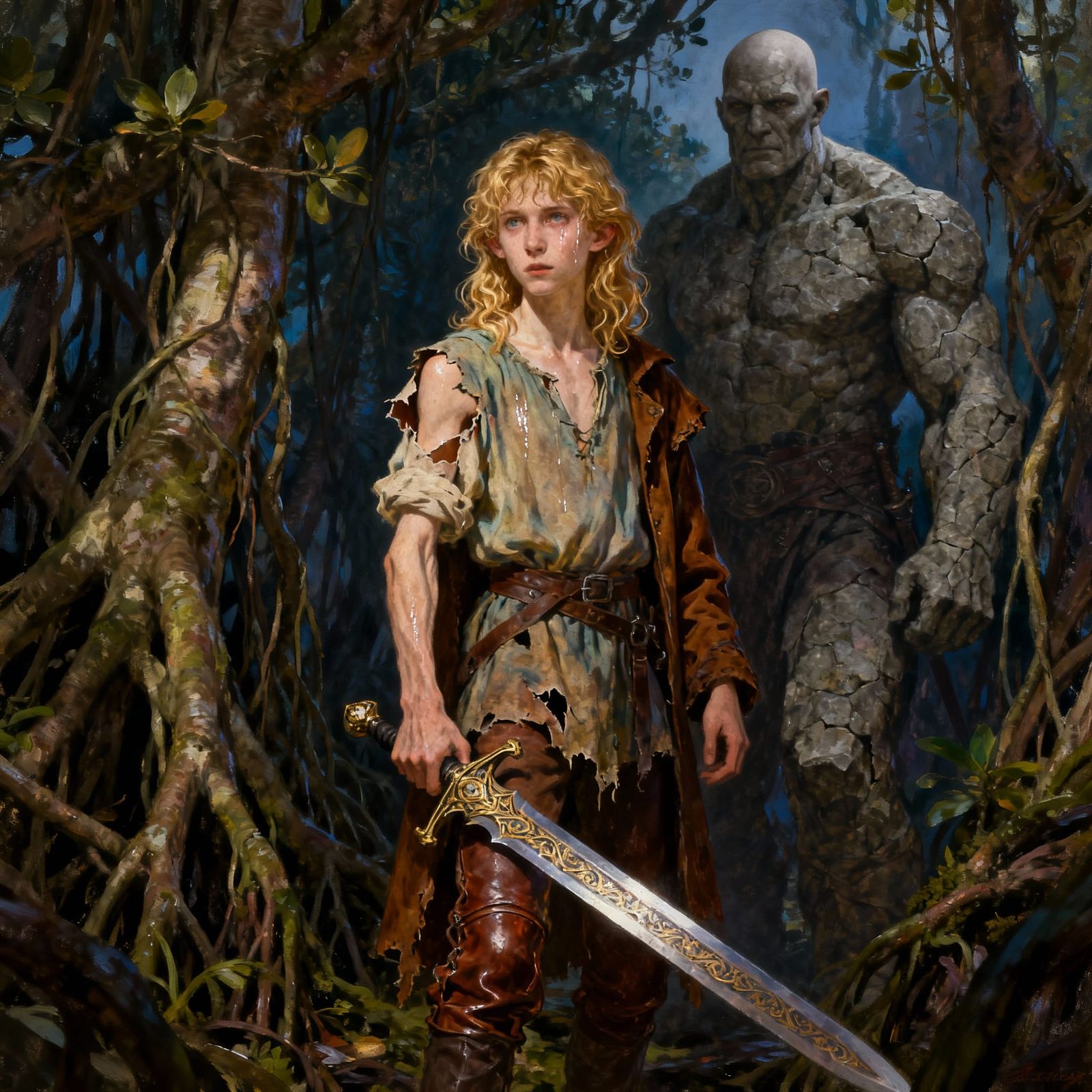 Frail Teenager in Mangrove with Stone Guardian