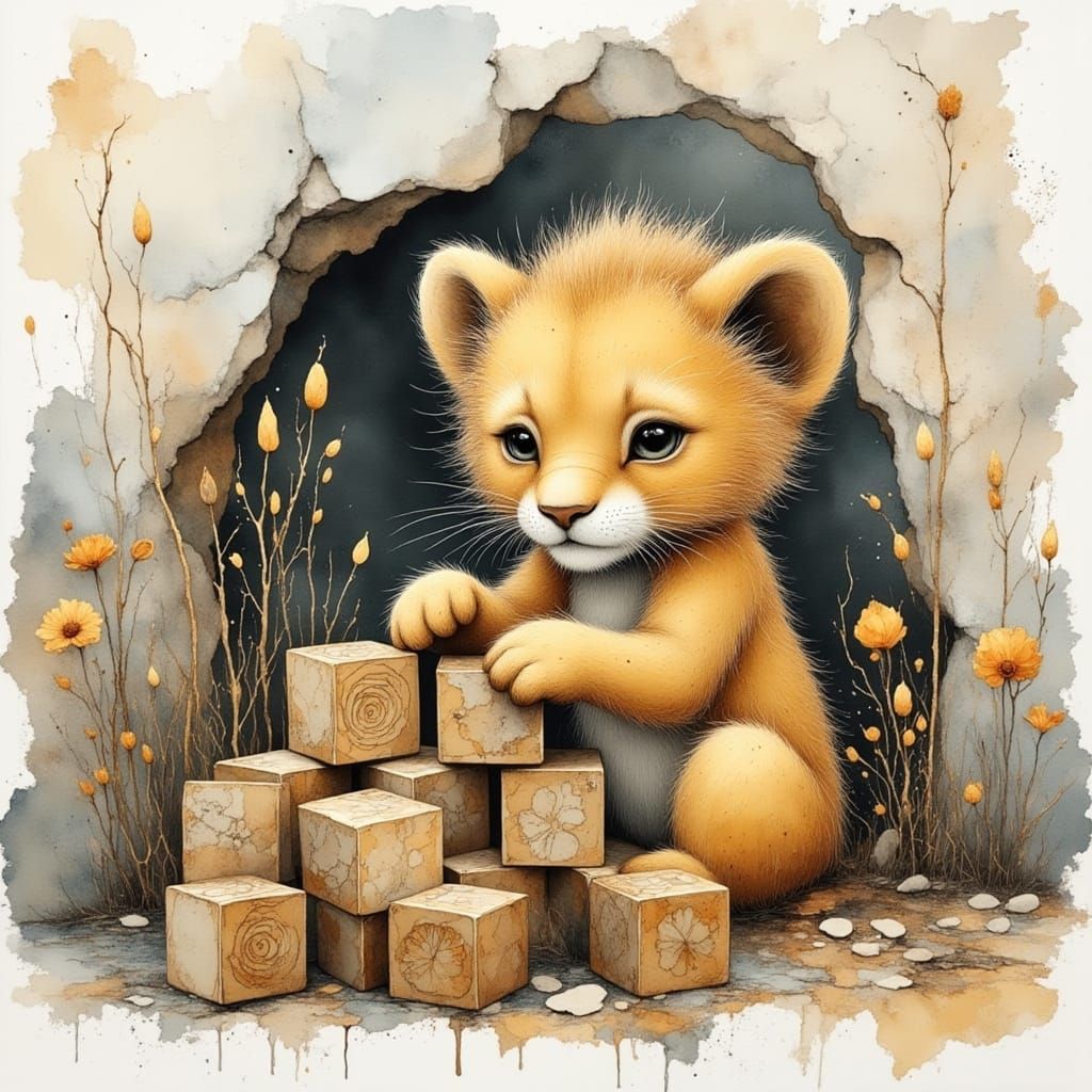 A playful lion cub piling up tiny woodblocks