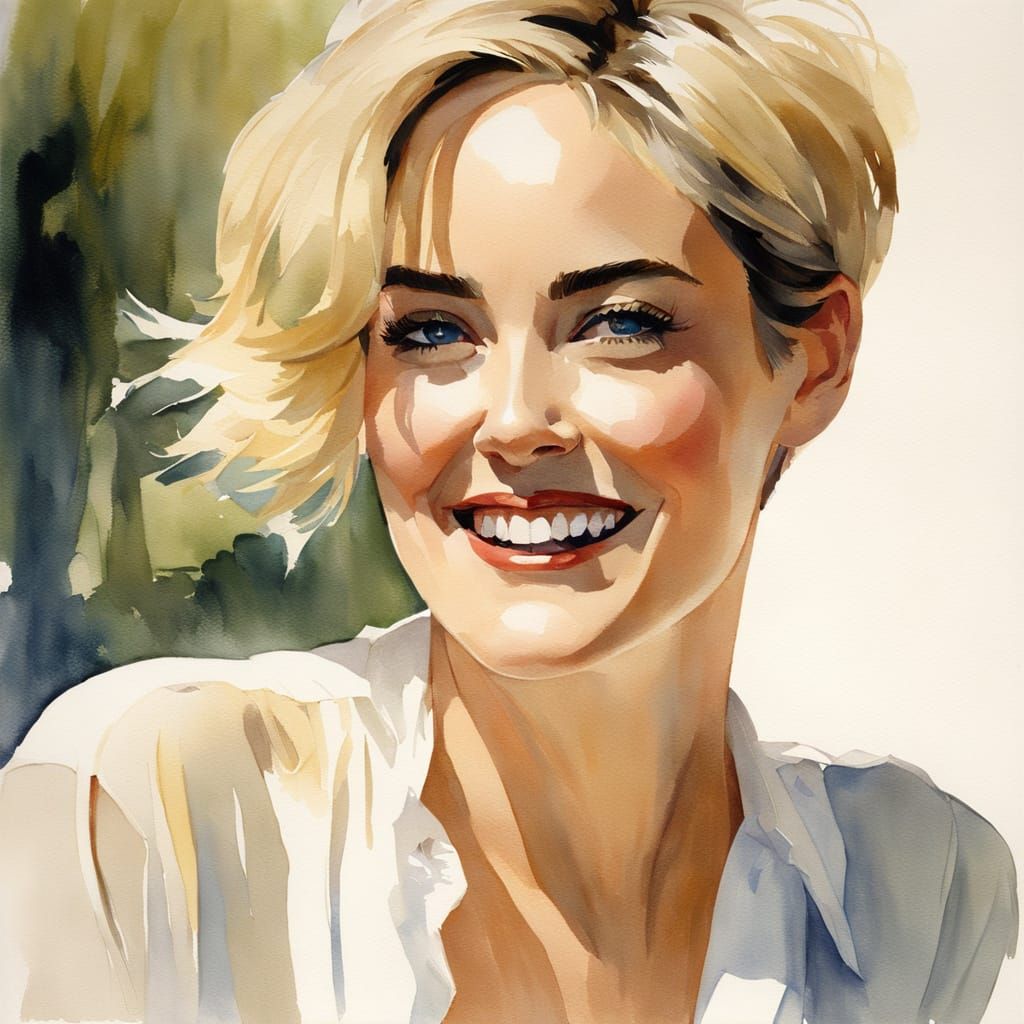 Impressionistic Watercolor Portrait of a Smiling Woman
